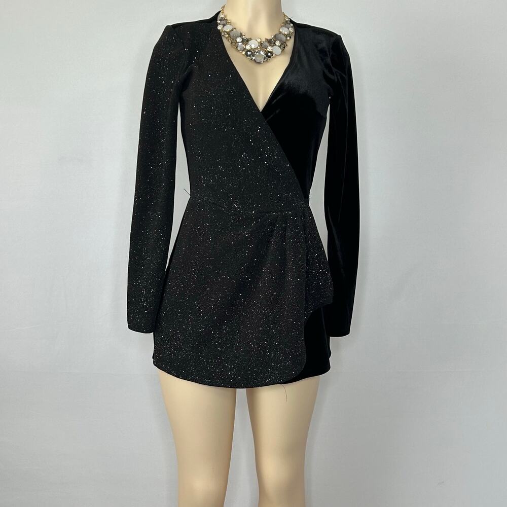 Mi Ami Black Velvet Glitter Romper Open Back Long Sleeve Party Mini Size Small